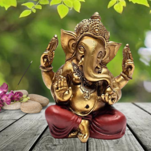 Belle statue du dieu hindou Ganesh doré en résine finement sculptée et peinte